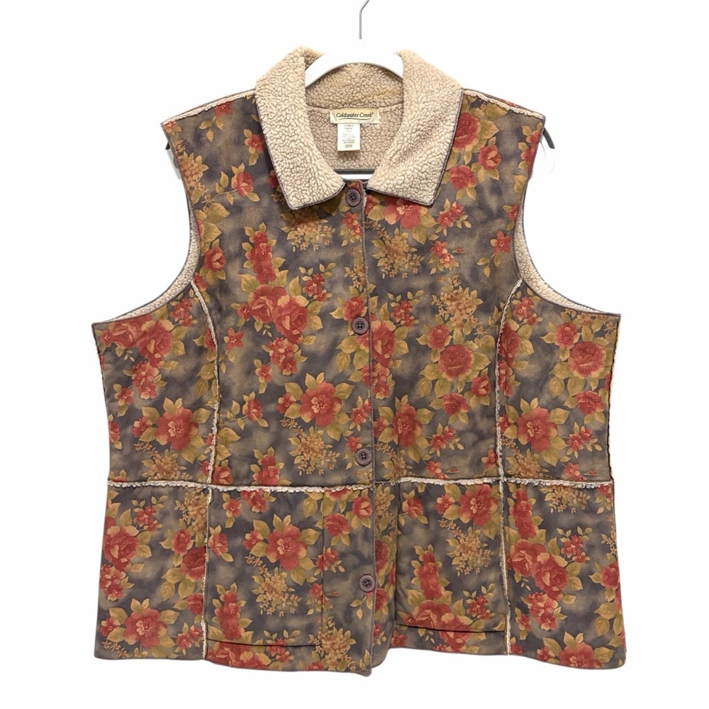Coldwater Creek Floral Faux Suede Winter Button Up Collared Vest - Like New XXL
